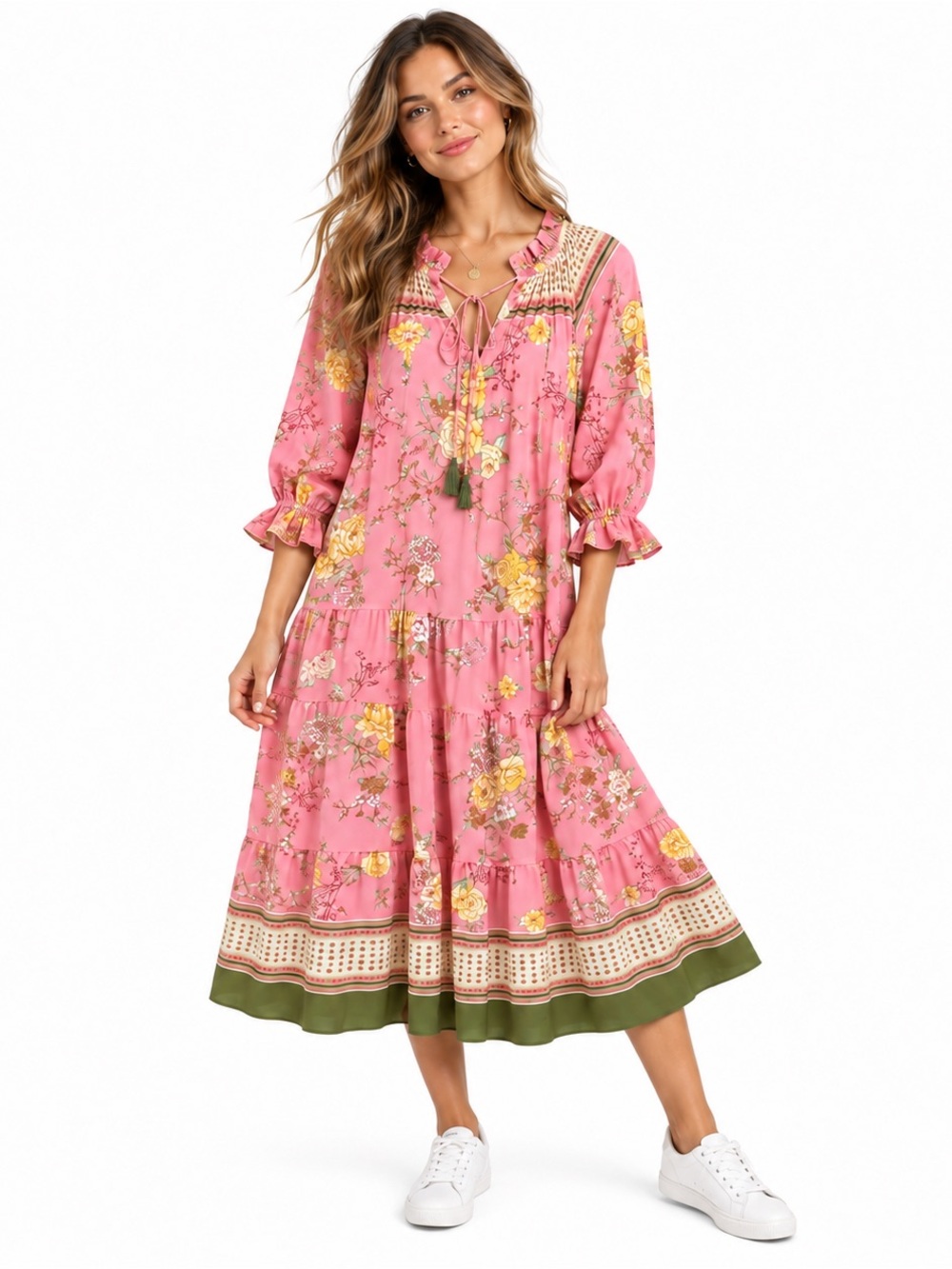 Easel Pink Floral Boho Tiered Midi Dress Border Print Size Medium
